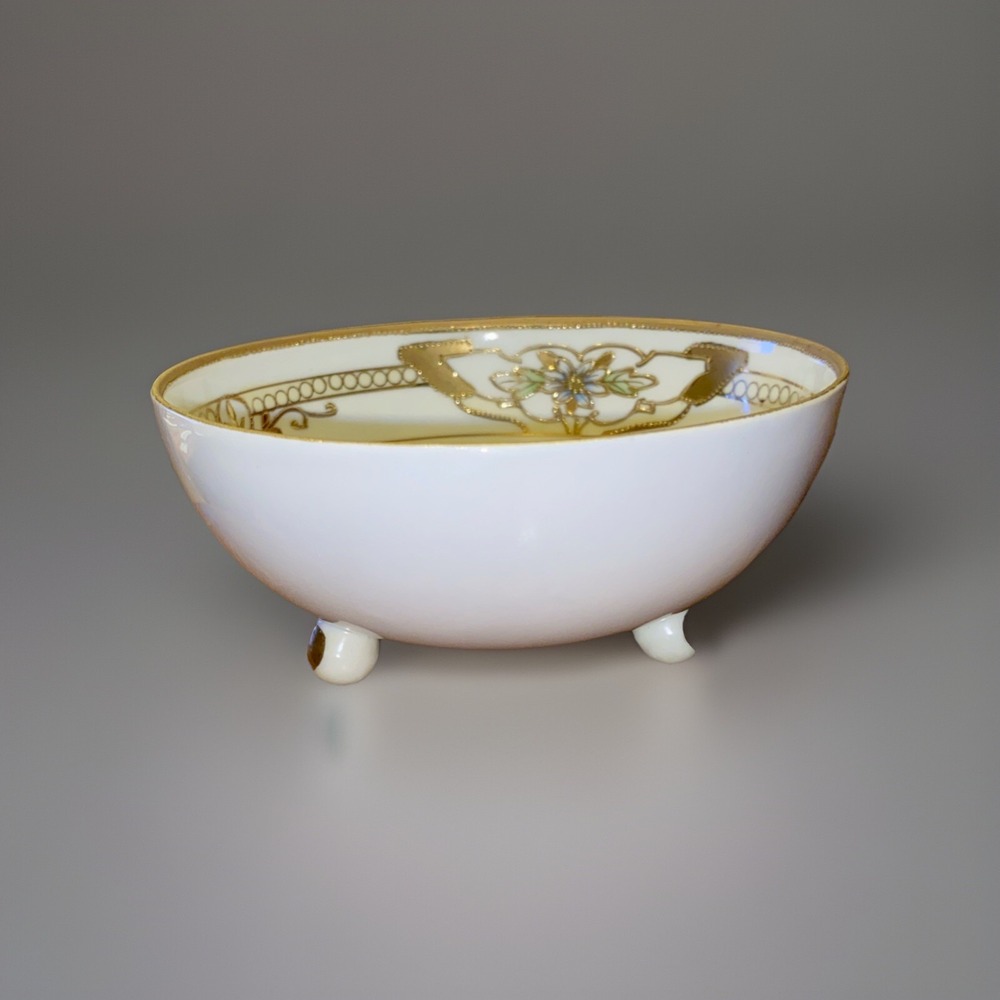 Footed Cream Soup Bowl Border‎ Meito Flowers Gold Raised Hand Painted Japan